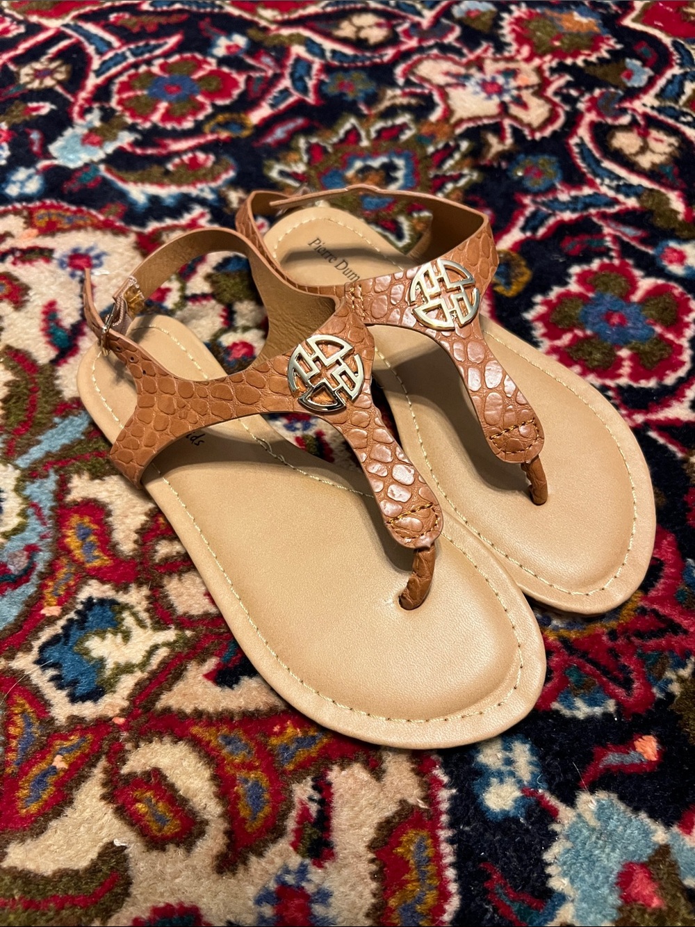 Brown Girls Thong Sandals with Decorative Medallion -